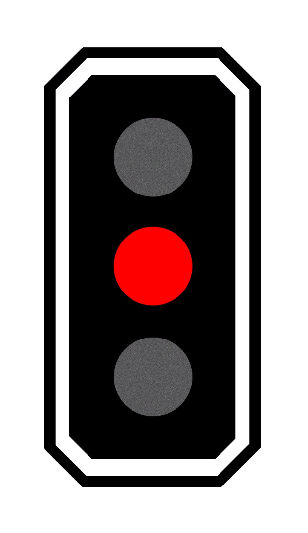 Schwarz-weißer Ampel mit drei leuchtenden roten Lichtern, die Fahrzeuge zum Anhalten auffordern.