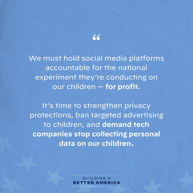 Plakat mit einem Zitat aus Building a Better America, das besagt, "Wir müssen die sozialen Medien-Plattformen für das nationale Experiment zur Rechenschaft ziehen, das sie an unseren Kindern durchführen - zum Profit.", geschmückt mit Sternen.