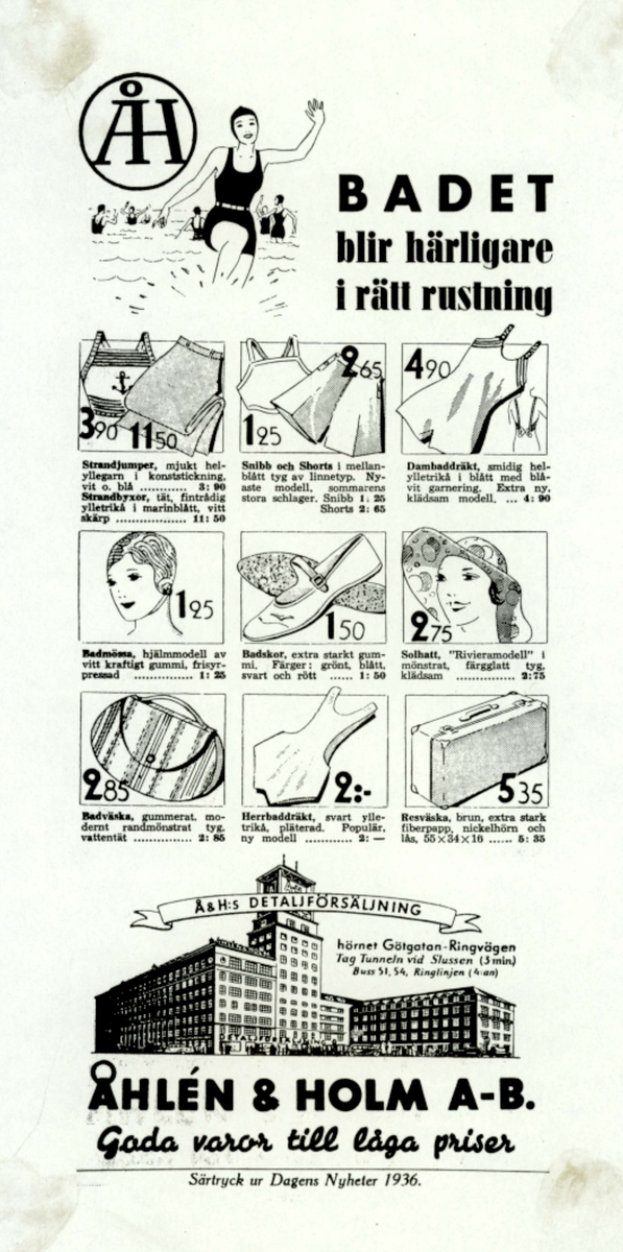 Eine Frau mit Pferdeschwanz, die einen weißen Bikini mit blauen und weißen Streifen trägt, schaut direkt in die Kamera, umgeben von Bildern von Menschen, modernen Gebäuden und fetter Schrift.