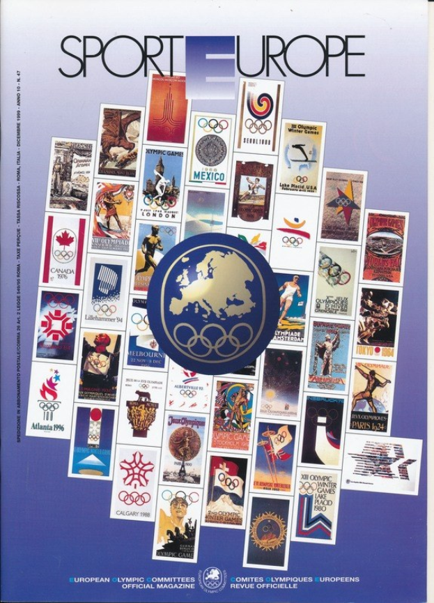 Ein Buchumschlag mit dem Titel "Sport in Europa", der farbenfrohe Bilder und Texte zum Thema Olympische Spiele in Europa zeigt.