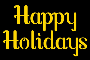 Gelber "Frohe Feiertage"-Text auf einem weißen Hintergrund.