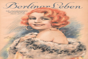 Frau mit roter Haarpracht in einem Nerzmantel auf dem Cover einer Berliner Leben Zeitschrift im Stil der 1950er Jahre mit fetter schwarzer Schrift, die 'Berliner Lebens.' lautet.