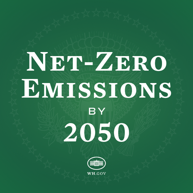 Ein grüner Hintergrund mit fetter weißer Schrift, die 'netto-null-Emissionen bis 2050' angibt.