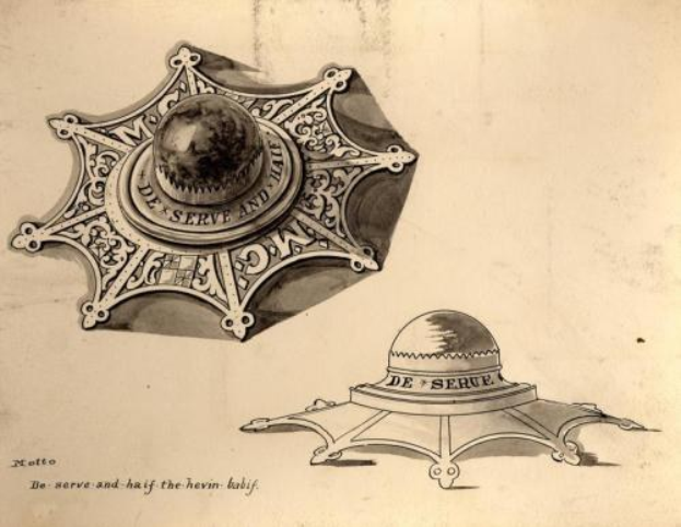 Eine Zeichnung eines Polizeischilds auf Papier, das ein Schild mit einem Stern, einen Lorbeerkranz und eine Krone zeigt, beschriftet mit "Polizeiabzeichen".