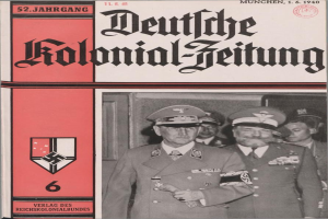 Ein Buchumschlag aus November 1940 mit dem Titel "Deutsches Kolonial-Feitung", der ein Porträt von Adolf Hitler zeigt, umgeben von Menschen mit Mützen.