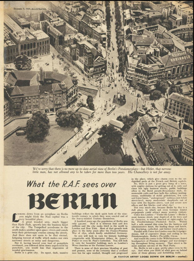 Alte Zeitung mit einem Schwarz-Weiß-Foto einer Stadtlandschaft, das Gebäude, Bäume und Fahrzeuge zeigt, begleitet von Text.
