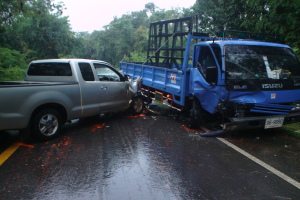 Ein geschädigter Lkw steht auf der Seite einer Straße umgeben von Bäumen unter einem klaren blauen Himmel, mit seiner zerbeulten Front und verbeulter Karosserie.