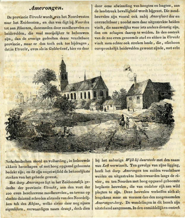 Ein altes Buch mit einer Zeichnung eines Dorfes auf dem Cover, einschließlich Häuser, Bäume und Menschen, sowie lesbarer Text auf den Seiten.