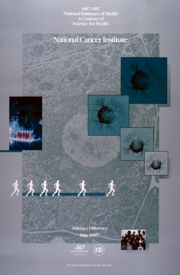 Buntes Plakat mit einem blauen Hintergrund und weißer Schrift, die "National Cancer Institute" in fetten, großen Buchstaben lesen, umgeben von überlappenden Bildern von strahlenden Menschen verschiedenen Alters, Geschlechts und Ethnien, die in einem Kreis angeordnet sind.