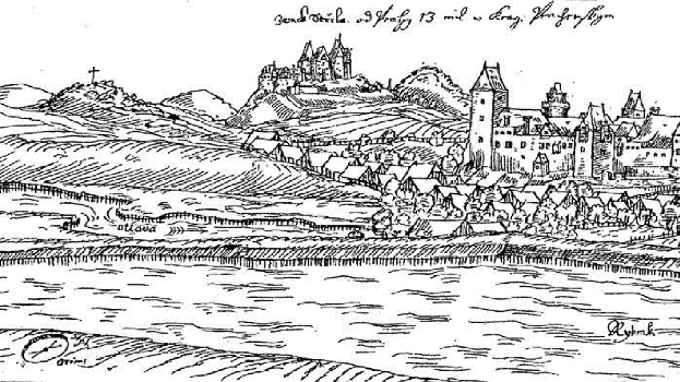 Eine Schwarz-Weiß-Zeichnung einer Burg auf einem Hügel, umgeben von Häusern, Bäumen und Wasser, mit der Aufschrift 'Bayern, Deutschland' oben.