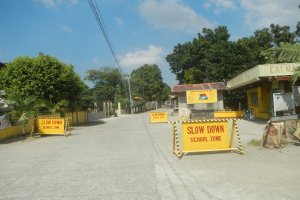 Eine Straße mit einem gelben "Slow Down School Zone"-Schild, geparkte Fahrzeuge auf der rechten Seite und ein Hintergrund mit Bäumen, Gebäuden, Polen, Drähten und dem Himmel.