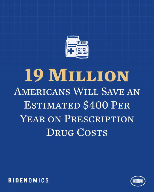 Ein blauer Hintergrund mit weißer Schrift und einem Logo, das "19 Millionen Amerikaner werden geschätzte 400 Dollar pro Jahr bei Arzneimittelkosten sparen" lautet.