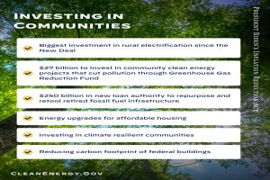 Ein Plakat mit Bäumen und Himmel im Hintergrund mit dem Text "Investing in Communities: Biggest Investment in Rural Electricity Since the New Deal".