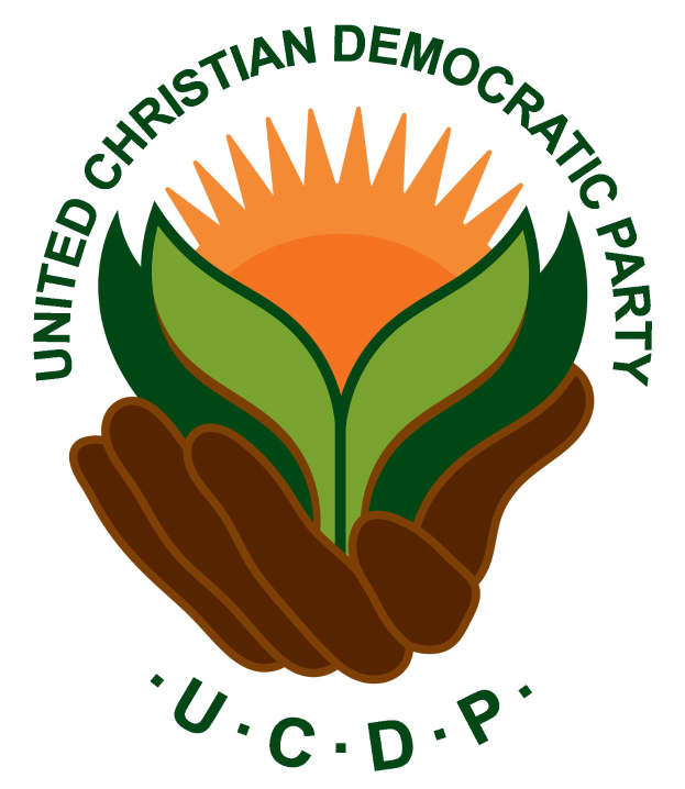 Logo der Vereinigten Christdemokraten (UCDP): eine Hand, die eine leuchtend gelbe Blume mit einem grünen Stiel und Blättern hält, mittig in einem blauen und gelben Kreis auf einem weißen Hintergrund, mit der schwarzen Schrift "UCDP" darunter.