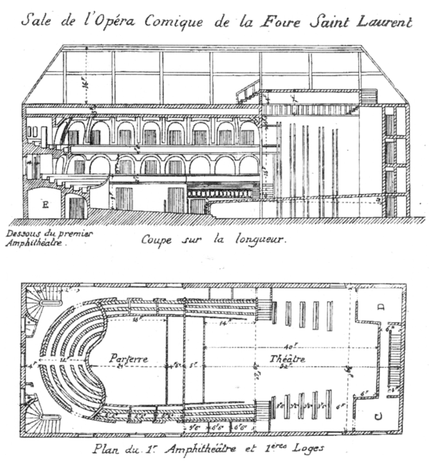 Schwarz-weiß-Zeichnung eines Amphitheaters mit vielen Fenstern und einem detaillierten Grundriss eines Theaters, der Reihen von Sitzplätzen, einen Auditoriumsbereich und eine Bühnenanordnung zeigt.