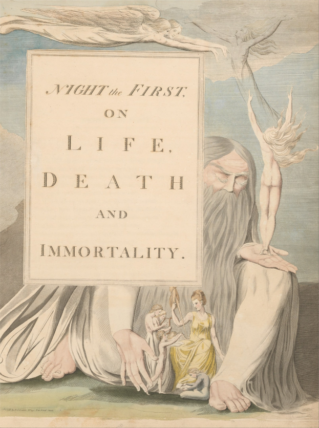 Ein Plakat mit einer leuchtenden Painting von Menschen, die in einem Kreis unter einem hellen Licht stehen, mit fetter Schrift, die 'Night the First on Life, Death and Immortality' lautet.