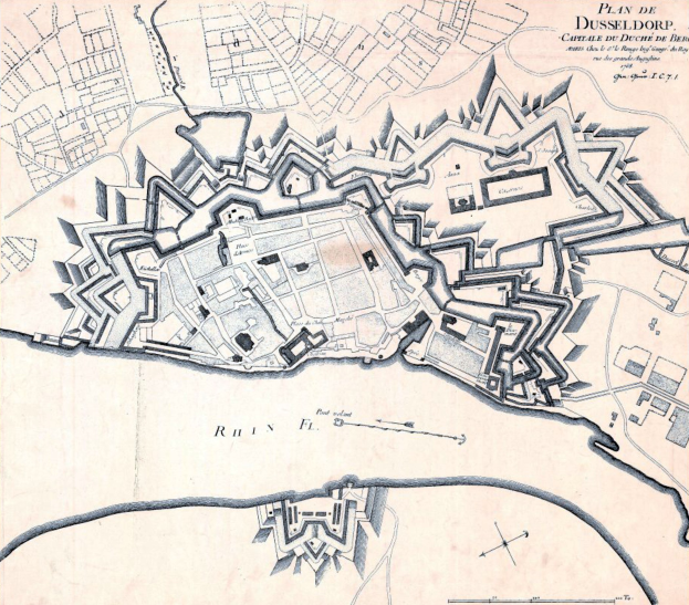 Detailierte Stadtplan-Poster von Düsseldorf, Deutschland, zeigt Straßen, Gebäude, Sehenswürdigkeiten und Text mit Bevölkerungsangaben, Geschichte und kulturellen Informationen.