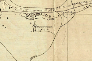 Alte Karte von Burgerswiesen, Deutschland, markiert mit schwarzen Linien und Text, der den Standort der Stadt angibt.