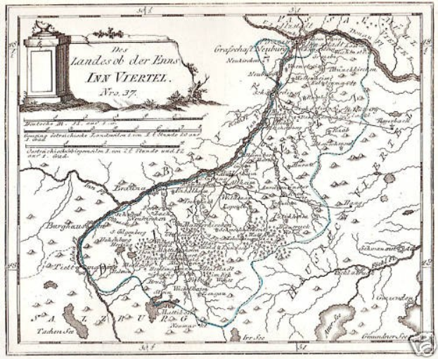 Ein Plakat mit einer detaillierten Karte des Rheins in Deutschland, auf der verschiedene Sehenswürdigkeiten und geografische Merkmale beschriftet sind, begleitet von Text und einem Bild einer Säule.