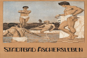 Gruppe von Menschen, die in einem Schwimmbad stehen und sitzen, auf einem Plakat mit Text, der die Schwimmbad-Anlagen in Aschersleben, Deutschland, bewirbt.