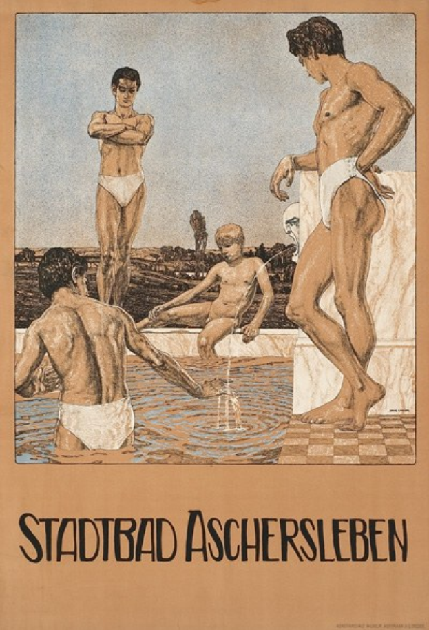 Gruppe von Menschen, die in einem Schwimmbad stehen und sitzen, auf einem Plakat mit Text, der die Schwimmbad-Anlagen in Aschersleben, Deutschland, bewirbt.