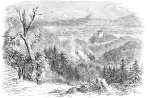 Eine Schwarzweiß-Radierung einer Gebirgslandschaft mit einem Schloss in der Ferne, umgeben von Bäumen, Hügeln und einem Himmel, mit Text unten, der "Das Schloss in den Bergen Deutschlands" lautet.