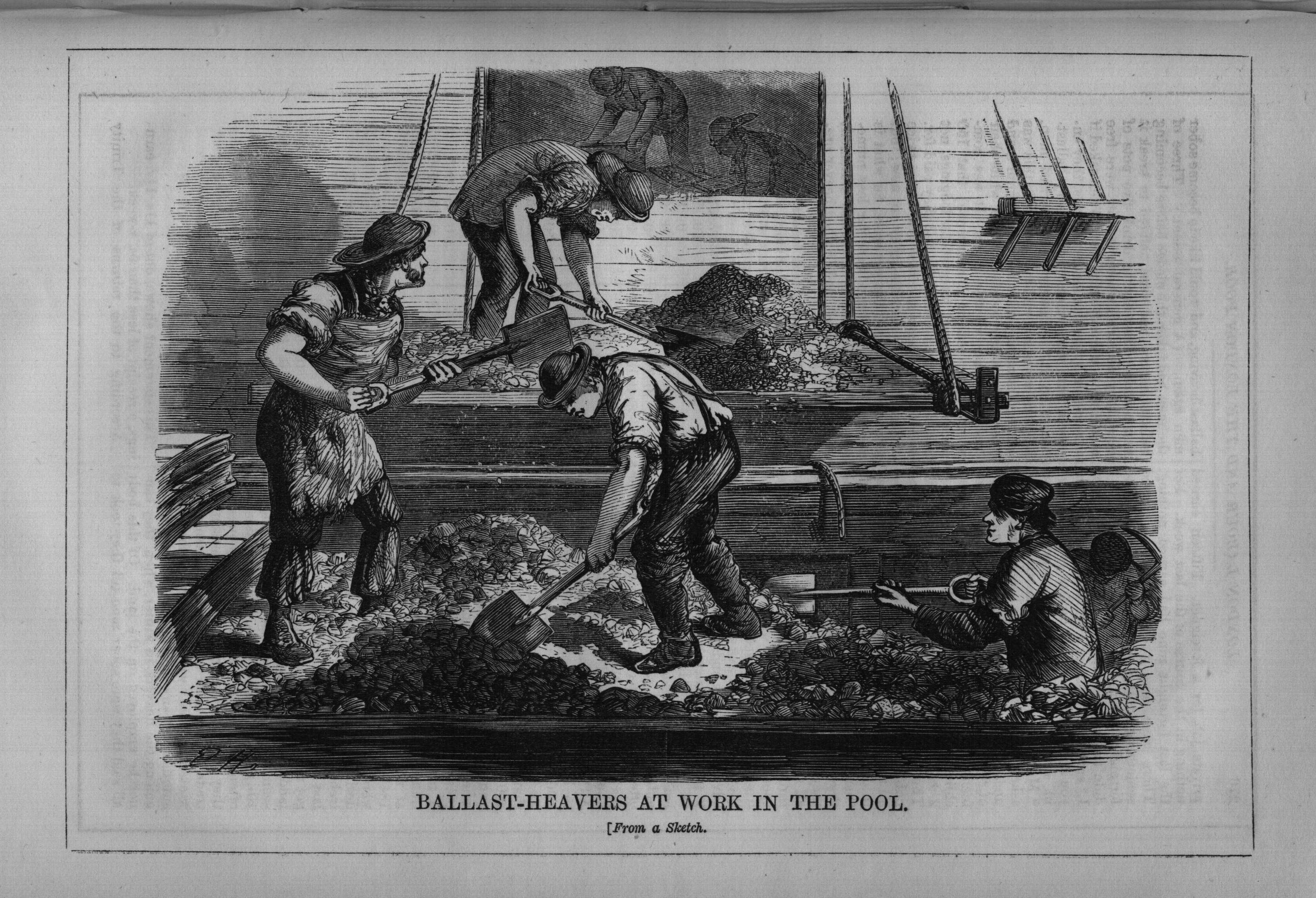 Schwarß-weißes Bild von Menschen im Pool, einige mit Schaufeln, mit Text unten: "Ballast-Heavens bei der Arbeit im Pool".