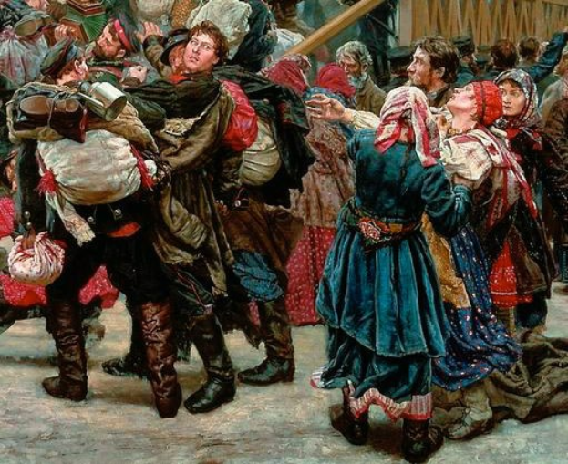 Gemälde, das eine Gruppe von Menschen zeigt, die vor einer Menge tanzen, einige halten Gegenstände, mit einem hölzernen Haus im Hintergrund, das während der russischen Revolution spielt und Personen in traditioneller russischer Kleidung zeigt.