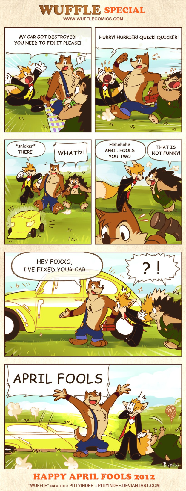 Comicstrip-Plakat mit dem Titel "Aprilscherz", das einen Cartoon-Mann und -Frau in einer Unterhaltung vor einem hellblauen Himmel mit weißen Wolken zeigt, einer gestikuliert mit den Händen, Text in fetter schwarzer Schrift.