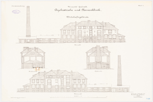 Eine Zeichnung eines mehrfenstrigen Gebäudes mit einem Schornstein, das für ein Psychiatriekrankenhaus in Deutschland gehalten wird, mit Text für weitere Informationen.