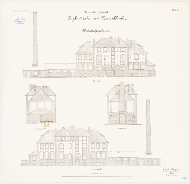 Eine Zeichnung eines mehrfenstrigen Gebäudes mit einem Schornstein, das für ein Psychiatriekrankenhaus in Deutschland gehalten wird, mit Text für weitere Informationen.