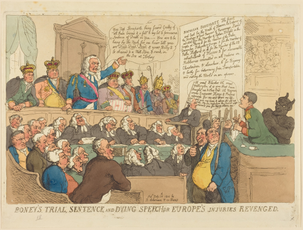 Eine Karikatur einer Gerichtsszene mit einer Gruppe von Menschen, die auf Sitzplätzen und ein Mann in der Mitte, ein Tisch mit Gegenständen auf der rechten Seite und Text unten, der "Boney's Trial, Sentence and Dying Speech Europe's Injuries Revenged" liest.
