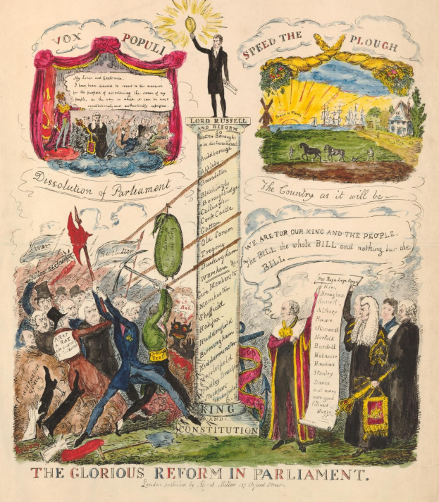 Eine bunte Papierillustration mit dem Titel "Die glorreiche Reform im Parlament", die mutige Texte und verschiedene, fröhliche Menschen zeigt und Fortschritt und Hoffnung symbolisiert.