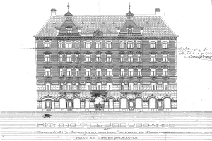 Schwarze und weiße detaillierte Zeichnung des Ritz-Carlton Hotels in Hamburg, Deutschland, mit einem mehrfenstrigen Gebäude und sichtbarem Text.