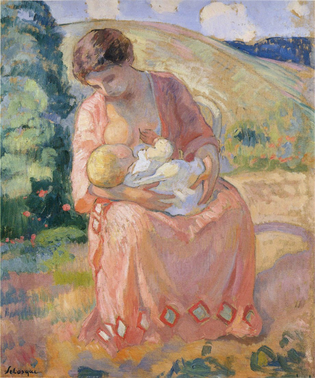 Gem├Ąlde mit dem Titel "Mutter und Kind" von Paul C├ęzanne, das eine Frau zeigt, die auf einer Bank sitzt und ein Baby h├Ąlt, umgeben von Grün unter einem hellblauen Himmel.