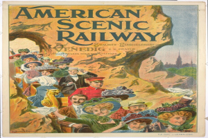 Plakat für die Amerikanische Scenic Railway in Venedig, Deutschland, das Menschen vor Hügeln und einem blauen Himmel mit Text und Hut tragenden Individuen zeigt.