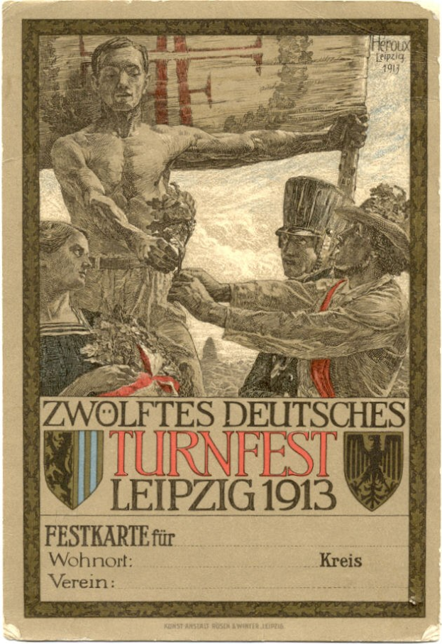 Plakat für das Zwolffes Deutsche Turnfest Leipzig 1913, das eine zentrale Gruppe von Menschen und Text mit Eventdetails zeigt.
