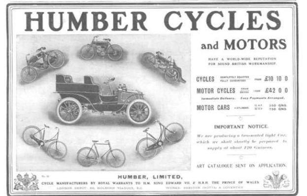 Werbeposter für Humber Cycles and Motors, das verschiedene Fahrzeuge und Fahrräder mit beschreibendem Text zeigt.