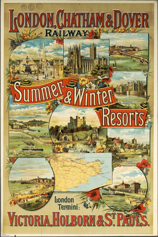 Plakatwerbung für London, Chatham und Dover Railway's Sommer- und Winterresorts mit Bildern von Gebäuden, Bäumen, Blumen, einer Karte und beschreibendem Text.