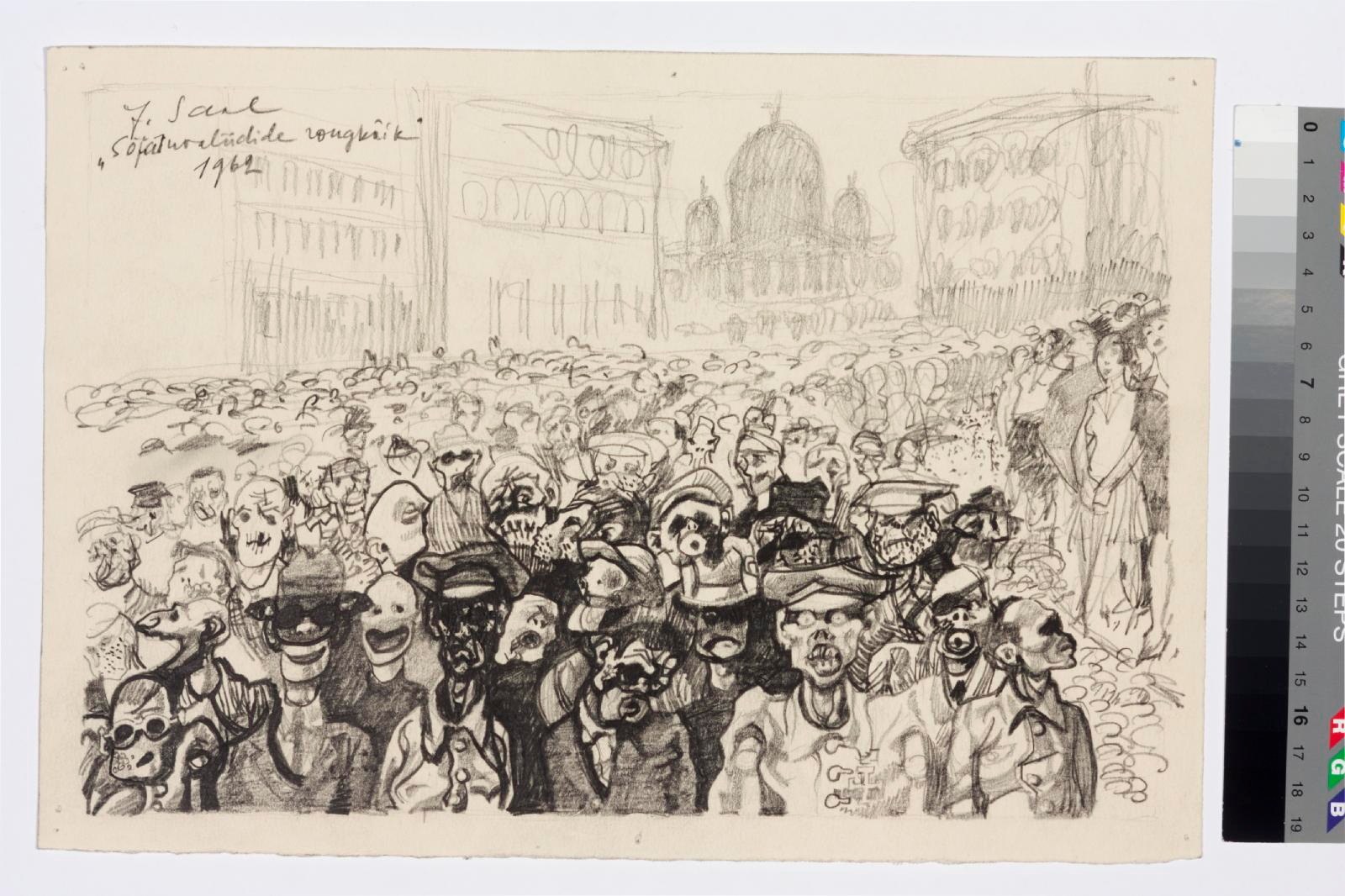 Schwarz-weiß-Zeichnung einer Demonstration vor einem hohen Gebäude, mit Text und Farbskalen auf der rechten Seite.