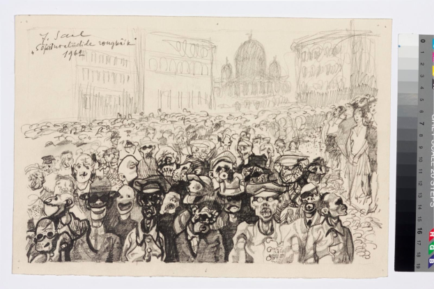 Schwarz-weiß-Zeichnung einer Demonstration vor einem hohen Gebäude, mit Text und Farbskalen auf der rechten Seite.