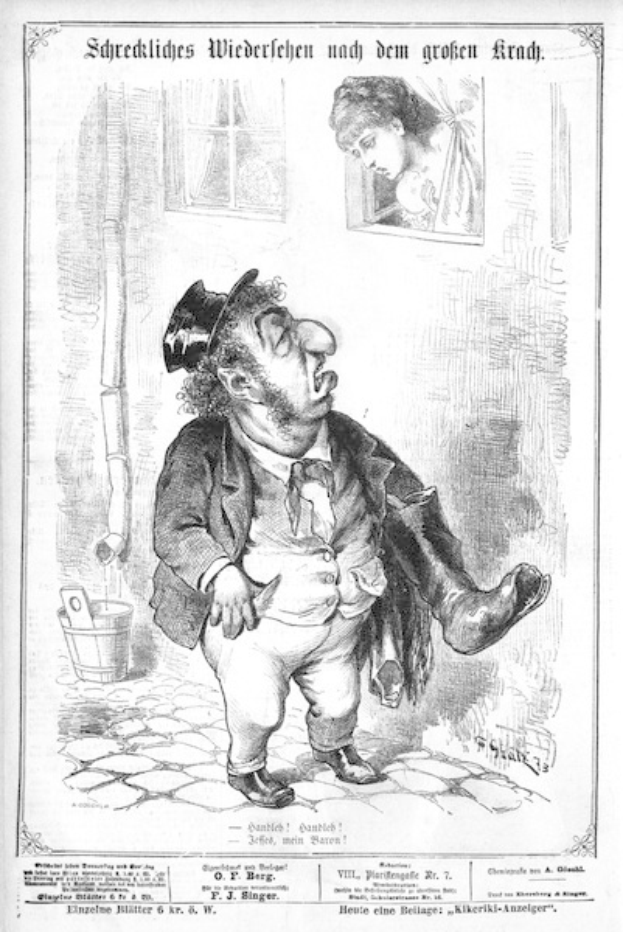 Cartoon eines Mannes mit Zylinder und einer Frau in einem Kleid mit einer Wand, einem Fenster, einem Eimer und anderen Gegenständen im Hintergrund, mit Text unten, der lautet "F. J. Singer, der erste deutsche Politiker, der in den Kongress gewählt wurde."