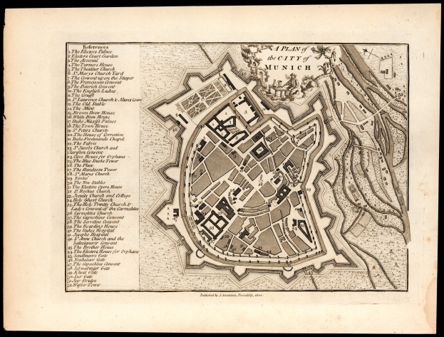 Ein alter Stadtplan von München, Deutschland, auf schwarzem Hintergrund, der Straßen, Gebäude und Sehenswürdigkeiten mit beschrifteten Texten zeigt.