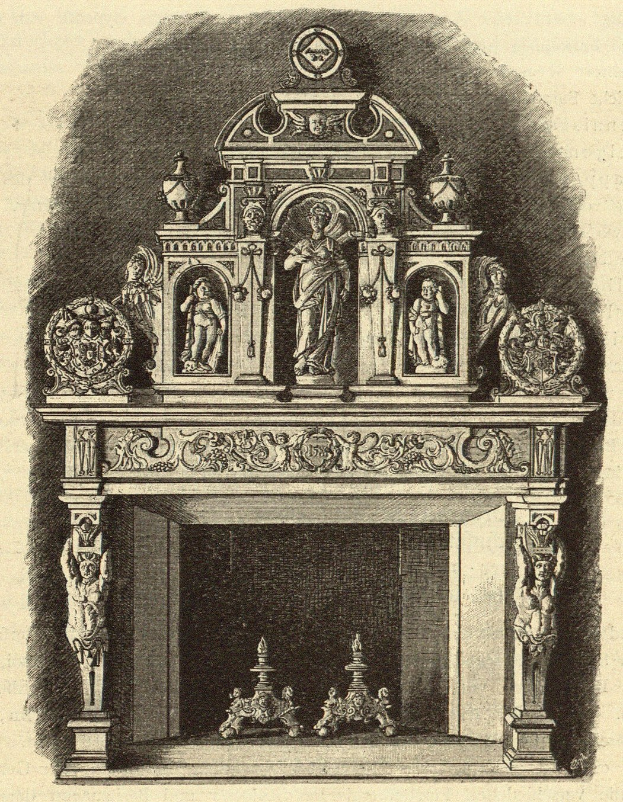 Gravur eines dekorativen Kamins mit einer Statue darauf und sculpturalen Verzierungen sowie Text unten.