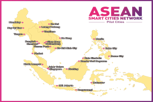 Ein Plakat, das eine detaillierte Karte des ASEAN-Smart-City-Netzwerks zeigt und die Pilotstädte innerhalb des Netzwerks markiert.