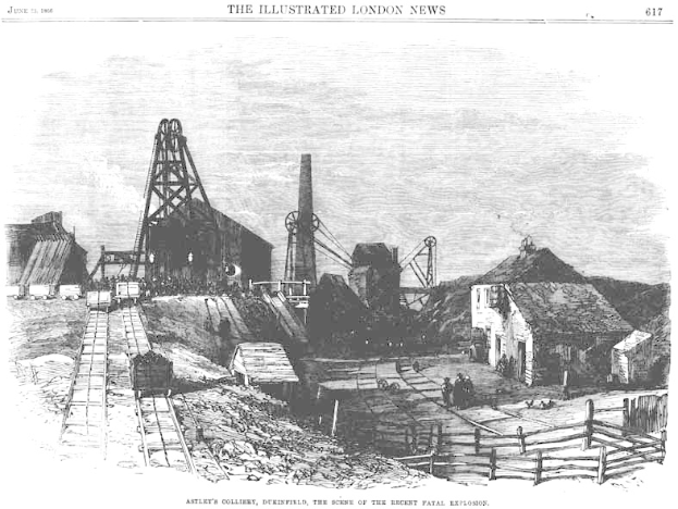 Eine Schwarzweiß-Radierung eines Kohlebergwerks in London, England, mit der Beschriftung "Ashley's Colliery, Derbyshire, der Ort des jüngsten tödlichen Explosionsunfalls".