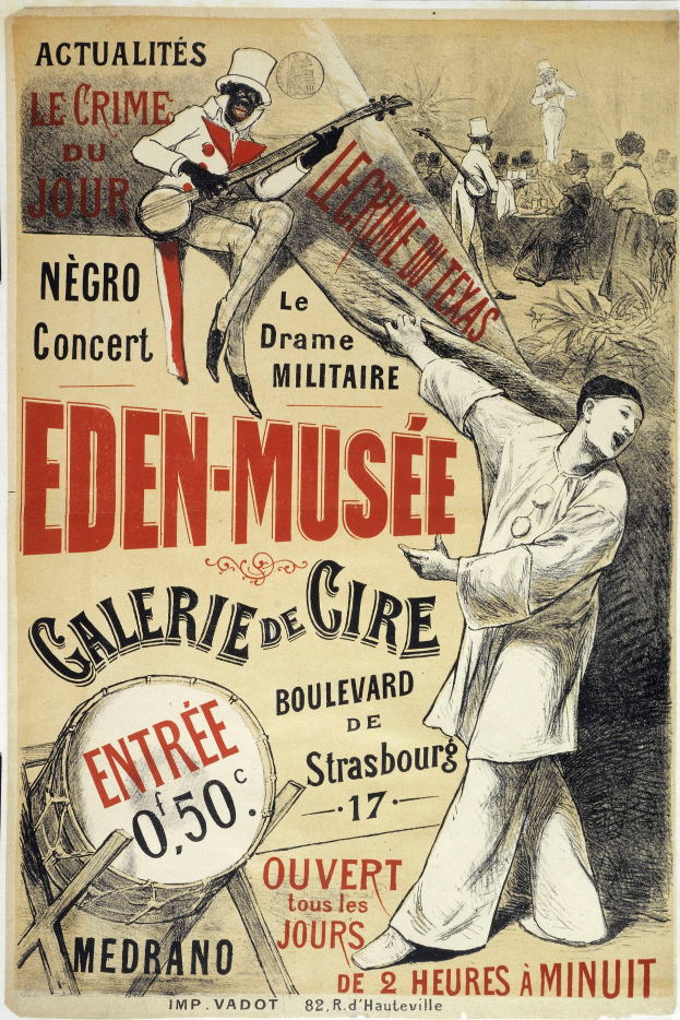 Plakat für das Eden-Museum Galerie de Cire in Straßburg, Frankreich, mit einer Person, die ein Musikinstrument spielt, umgeben von anderen Musikern mit verschiedenen Instrumenten, sowie Text, der wahrscheinlich Informationen zum Event enthält.