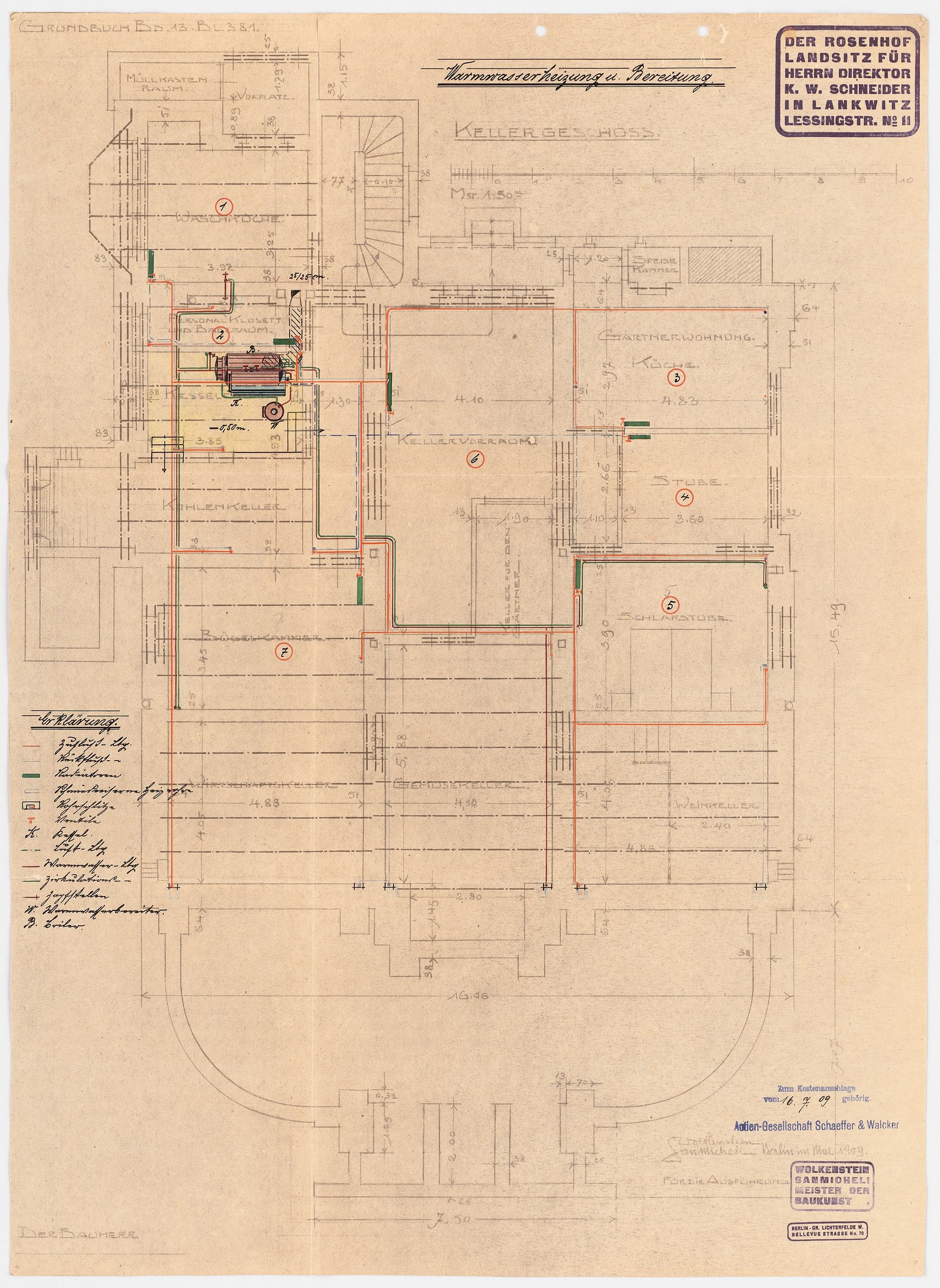 Schwarze und weiße Architekturdarstellung des Rosenhof-Krankenhauses in Hamburg, Deutschland, mit detaillierter Planung mit zahlreichen Drähten, die elektrische oder strukturelle Pläne anzeigen, und begleitenden Textanmerkungen.