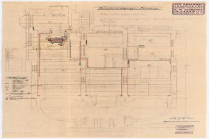 Schwarze und weiße Architekturdarstellung des Rosenhof-Krankenhauses in Hamburg, Deutschland, mit detaillierter Planung mit zahlreichen Drähten, die elektrische oder strukturelle Pläne anzeigen, und begleitenden Textanmerkungen.