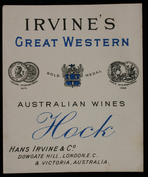 Plakat, das Irvines Große Western Australian Wines bewirbt, mit dem Namen des Unternehmens, dem Text "Hock" und Logos.
